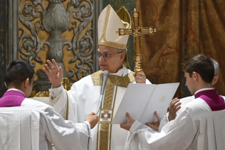 Pope Leo XIV celebrates Mass in the Sistine Chapel on Friday. (Vatican Media/EPA-EFE/Shutterstock)