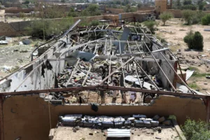 Yemenis inspect the rubble of a building hit by U.S. strikes in the northern province of Saada on April 29, 2025. (AFP/Getty Images)