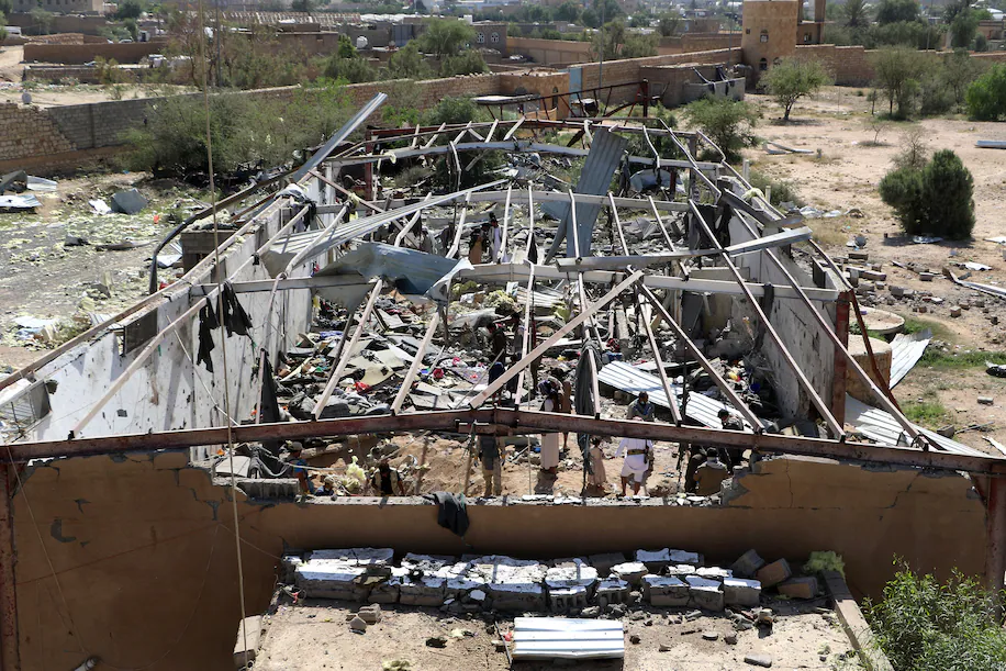 Yemenis inspect the rubble of a building hit by U.S. strikes in the northern province of Saada on April 29, 2025. (AFP/Getty Images)
