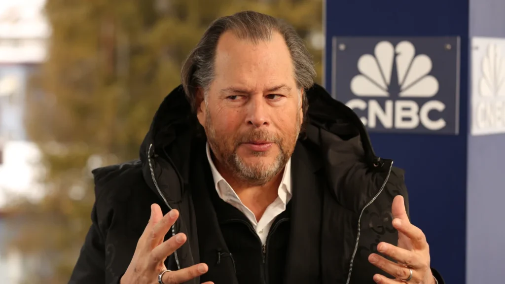 Marc Benioff, Chairman & CEO of Salesforce, speaking on CNBC’s Squawk Box outside the World Economic Forum in Davos, Switzerland on Jan. 22nd, 2025. (Gerry Miller/CNBC)