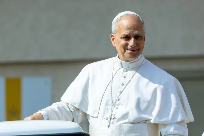 Pope Leo XIV greets pilgrims from the back of a pickup style popemobile before his general audience in St. Peter's Square on June 11, 2025. (Daniel Ibanez/CNA)