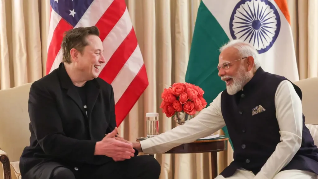 Elon Musk meets with Indian Prime Minister Narendra Modi at Blair House in Washington DC, USA on February 13, 2025. (Anadolu/Anadolu/Getty Images)