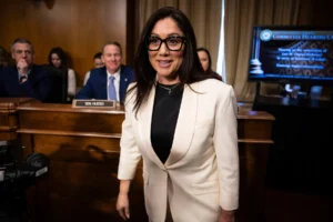 Lori Chavez-DeRemer arrives for her confirmation hearing before the Senate Health, Education, Labor, and Pensions Committee on Capitol Hill, on February 19, 2025. (FRANCIS CHUNG/POLITICO/AP)