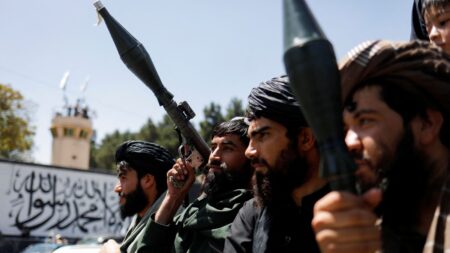 Taliban members on the second anniversary of the fall of Kabul. (Reuters)