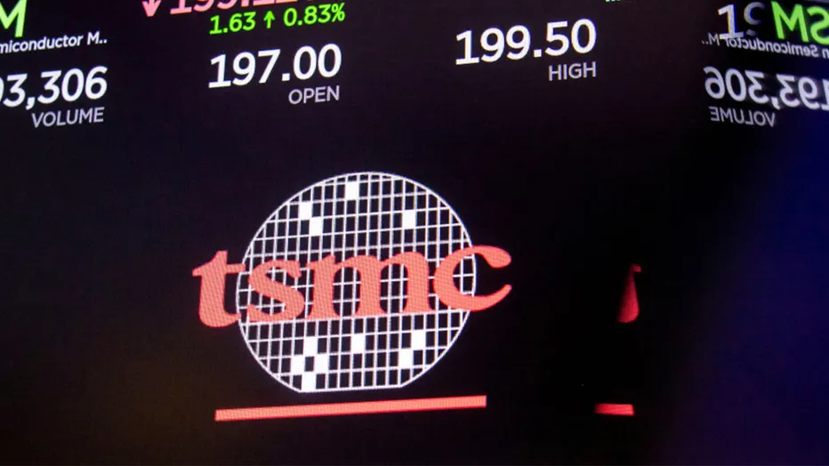 Taiwan Semiconductor Manufacturing Company Ltd. (TSMC) signage on the floor of the New York Stock Exchange (NYSE) in New York, US, on Thursday, Jan. 2, 2025.  (Michael Nagle/Bloomberg/Getty Images)