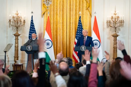 Indian Prime Minister Narendra Modi and U.S. President Donald Trump speak during a press conference at the White House in Washington on Feb. 13, 2025. © Madalina Vasiliu/The Epoch Times