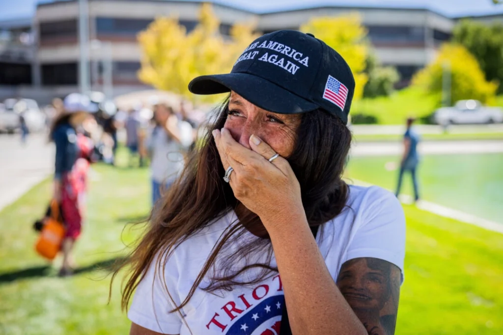 Allison Hemingway-Witty cries after Charlie Kirk is assassinated during Turning Point's visit to Utah Valley University in Orem, Utah, on Sept. 10, 2025. © Tess Crowley/The Deseret News via AP