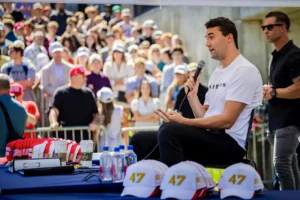 Charlie Kirk, founder of nonprofit Turning Point USA, speaks before being shot during his visit to Utah Valley University in Orem, Utah, on Sept. 10, 2025. © Tess Crowley/The Deseret News via AP