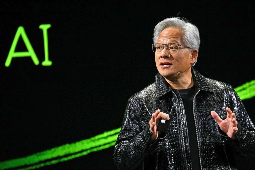 Nvidia CEO Jensen Huang delivers a keynote address at CES on Jan. 6, 2025. © Patrick T. Fallon / Getty Images
