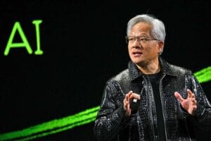 Nvidia CEO Jensen Huang delivers a keynote address at CES on Jan. 6, 2025. © Patrick T. Fallon / Getty Images