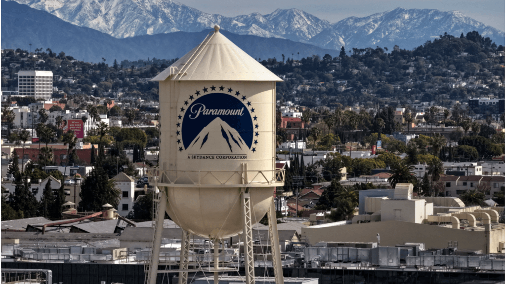 An aerial view of Paramount logo on the water tower at Paramount Studios in Los Angeles, California on Feb 23, 2026. (PHOTO / AFP)