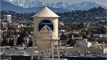An aerial view of Paramount logo on the water tower at Paramount Studios in Los Angeles, California on Feb 23, 2026. (PHOTO / AFP)