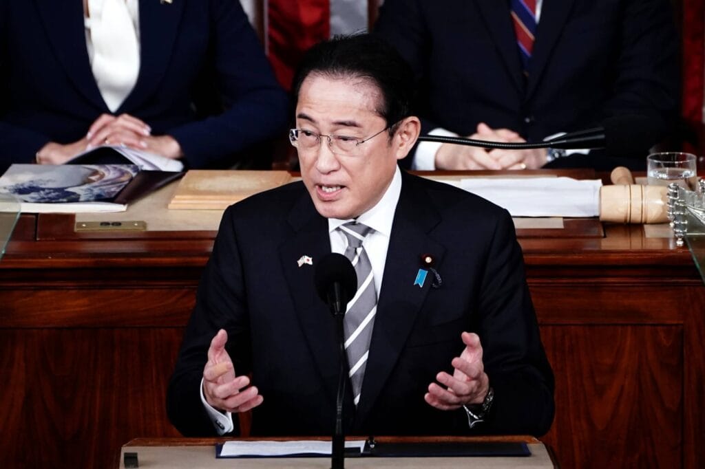 Japan Backs Tech Venture Led by Former Epstein Associate Joichi Ito 3 Fumio Kishida addresses the U.S. Congress in 2024, when he was prime minister. Kishida personally pitched the Global Startup Campus Initiative idea to then-U.S. President Joe Biden. (BLOOMBERG)