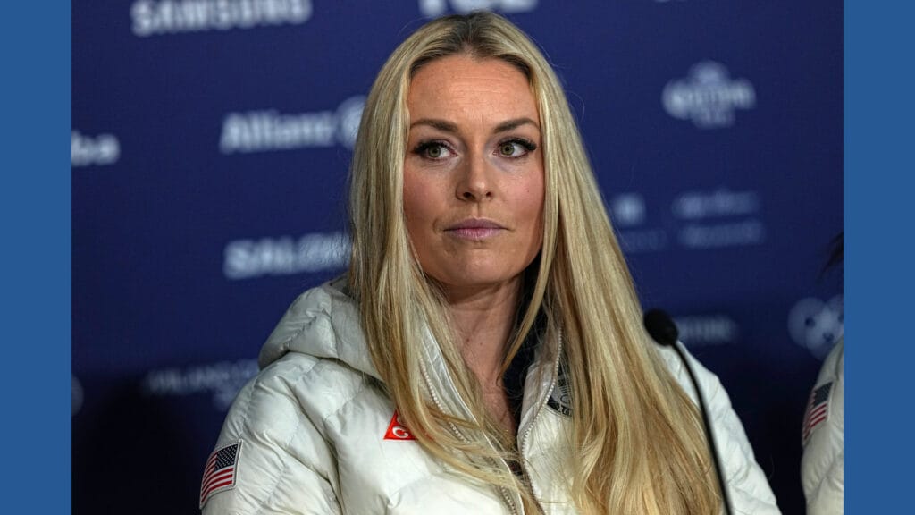 United States' Lindsey Vonn attends a press conference by the U.S. ski team at the 2026 Winter Olympics, in Cortina d'Ampezzo, Italy, Tuesday, Feb. 3, 2026. (AP Photo/Fatima Shbair)