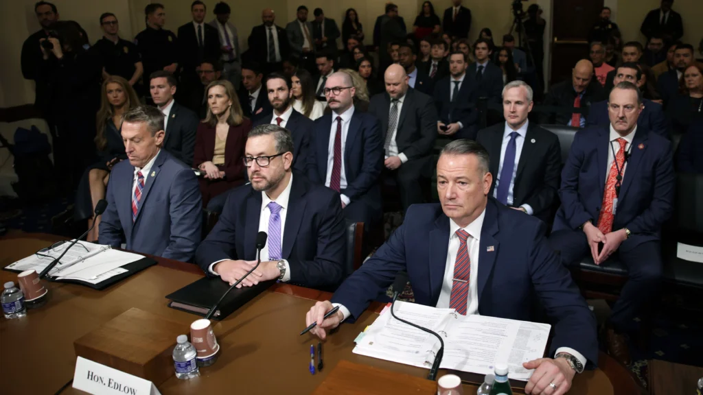 Rodney Scott, (CBP), Joseph Edlow, (USCIS), and Todd Lyons, (ICE), arrive for an oversight hearing before the House homeland security committee, 10 February 2026. (Andrew Caballero-Reynolds/AFP/Getty Images)