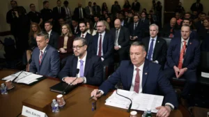 Rodney Scott, (CBP), Joseph Edlow, (USCIS), and Todd Lyons, (ICE), arrive for an oversight hearing before the House homeland security committee, 10 February 2026. (Andrew Caballero-Reynolds/AFP/Getty Images)