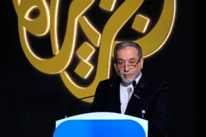 Iran's Foreign Minister Abbas Araghchi speaks during the Al Jazeera Forum in Doha on February 7, 2026. (Karim JAAFAR / AFP)