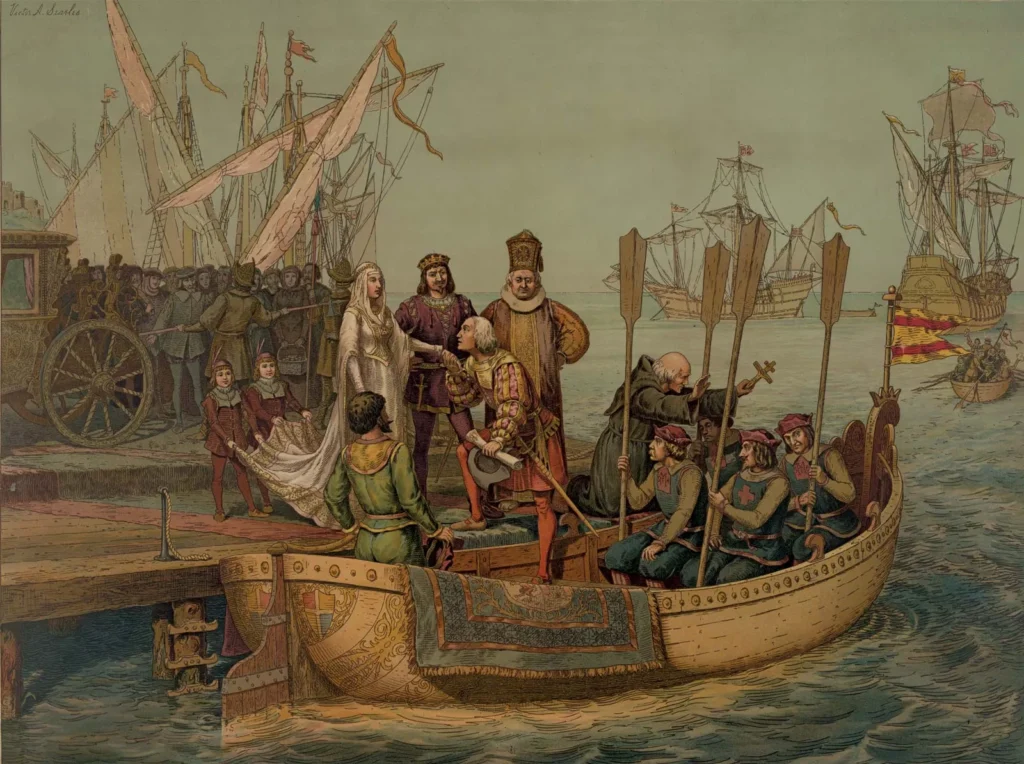 Print depicting Christopher Columbus bidding farewell to Queen Isabella I on his departure for the New World, August 3, 1492. (Library of Congress, Washington, D.C.)