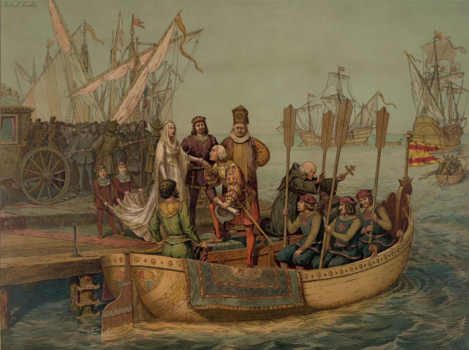 Print depicting Christopher Columbus bidding farewell to Queen Isabella I on his departure for the New World, August 3, 1492. (Library of Congress, Washington, D.C.)