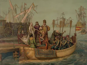 Print depicting Christopher Columbus bidding farewell to Queen Isabella I on his departure for the New World, August 3, 1492. (Library of Congress, Washington, D.C.)