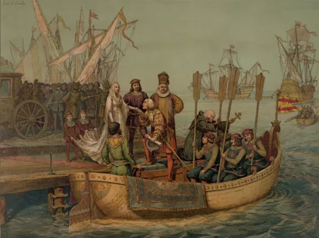 Print depicting Christopher Columbus bidding farewell to Queen Isabella I on his departure for the New World, August 3, 1492. (Library of Congress, Washington, D.C.)