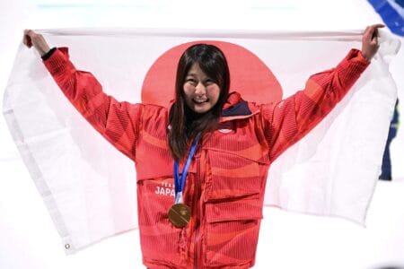 Kokomo Murase celebrates after her third run in the snowboard big air final. (David Ramos / Getty Images)