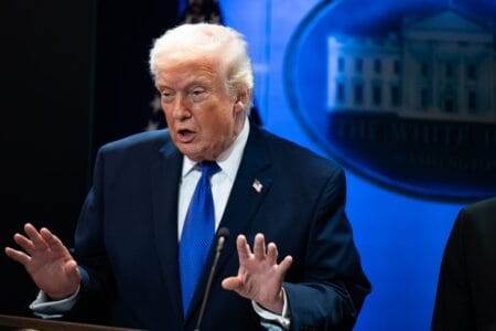 US President Donald Trump during a news conference in the James S. Brady Press Briefing Room of the White House in Washington, DC, US, on Friday, Feb. 20, 2026.