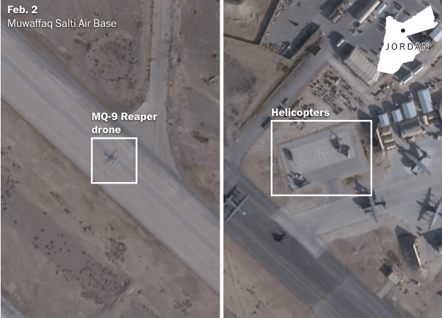 Satellite imagery captured on Feb.2 shows at least one MQ-9 Reaper drone and several multiple-utility helicopters.