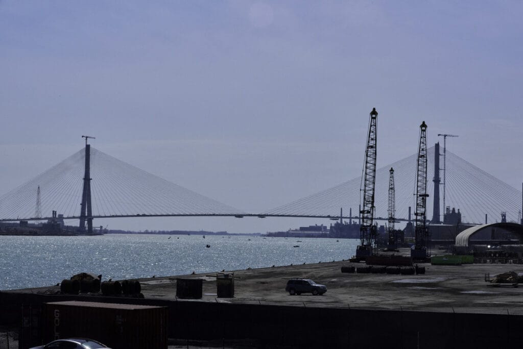 Spanning the Detroit River, the Gordie Howe International Bridge will connect southern Detroit, Michigan, and Windsor, Ontario, when completed. ( Dominic Gwinn/Middle East Images via AFP via Getty Images)