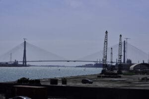 Spanning the Detroit River, the Gordie Howe International Bridge will connect southern Detroit, Michigan, and Windsor, Ontario, when completed. ( Dominic Gwinn/Middle East Images via AFP via Getty Images)