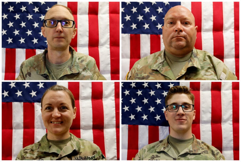 A combination image of undated photos shows U.S. Army Reserve Captain Cody A. Khork, 35, of Winter Haven, Florida, U.S. Army Reserve Sgt. 1st Class Noah Tietjens, 42, of Bellevue, Nebraska, U.S. Army Reserve Sgt. 1st Class Nicole Amor, 39, of White Bear Lake, Minnesota, and U.S. Army Reserve Sgt. Declan Coady, 20, of West Des Moines, Iowa, who were killed March 1, 2026, at the Port of Shuaiba, Kuwait during a drone attack. (U.S. Army Reserve/Handout via Reuters)