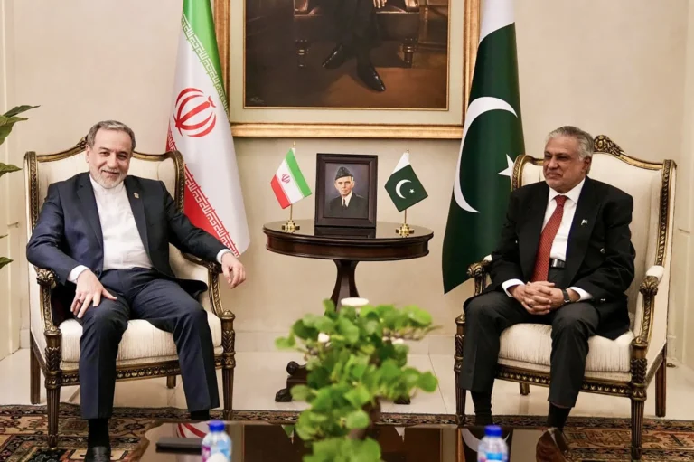 Iran's Foreign Minister Abbas Araghchi, left, with Pakistan's Foreign Minister Ishaq Dar in Islamabad on April 24, in a handout photo released by Iran's foreign ministry.( Iranian Foreign Ministry/AFP/Getty Images)